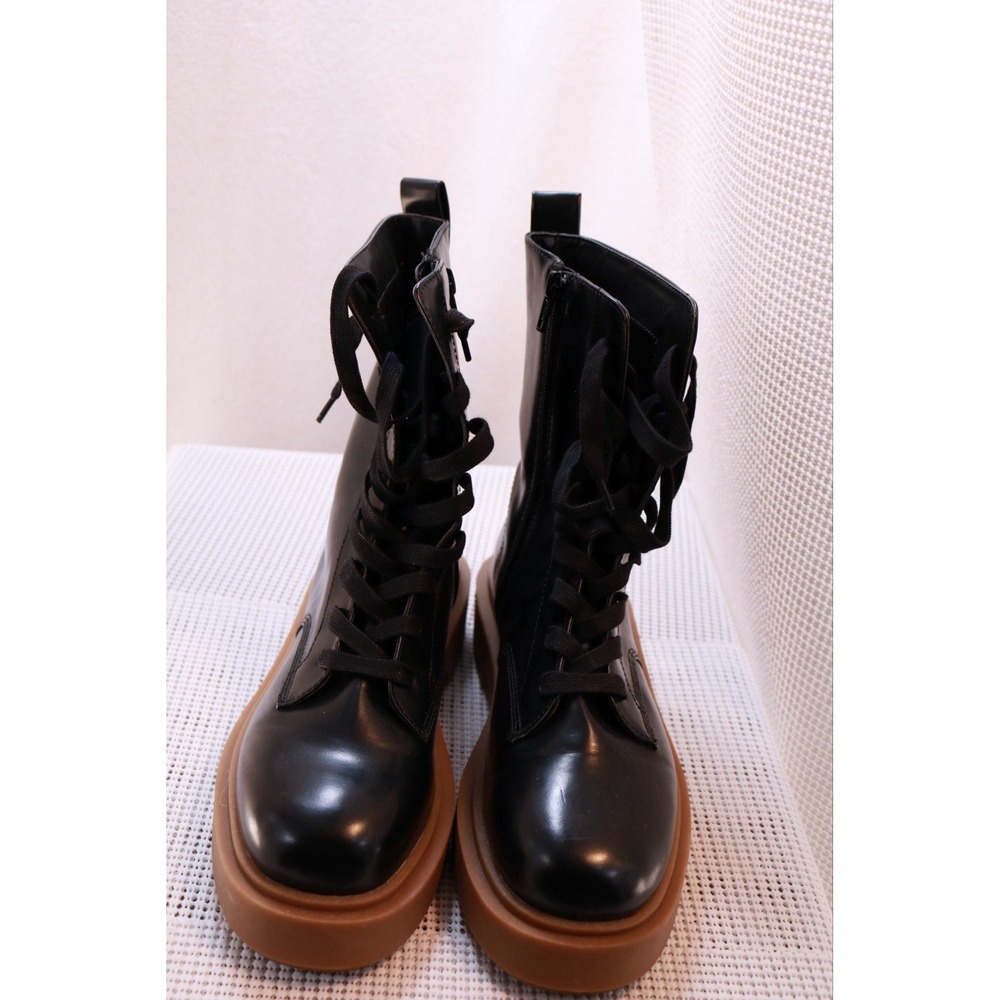 H&M Womens Combat Boots Size 9 Black Lace Up Side Zip Brown Chunky Lug Sole